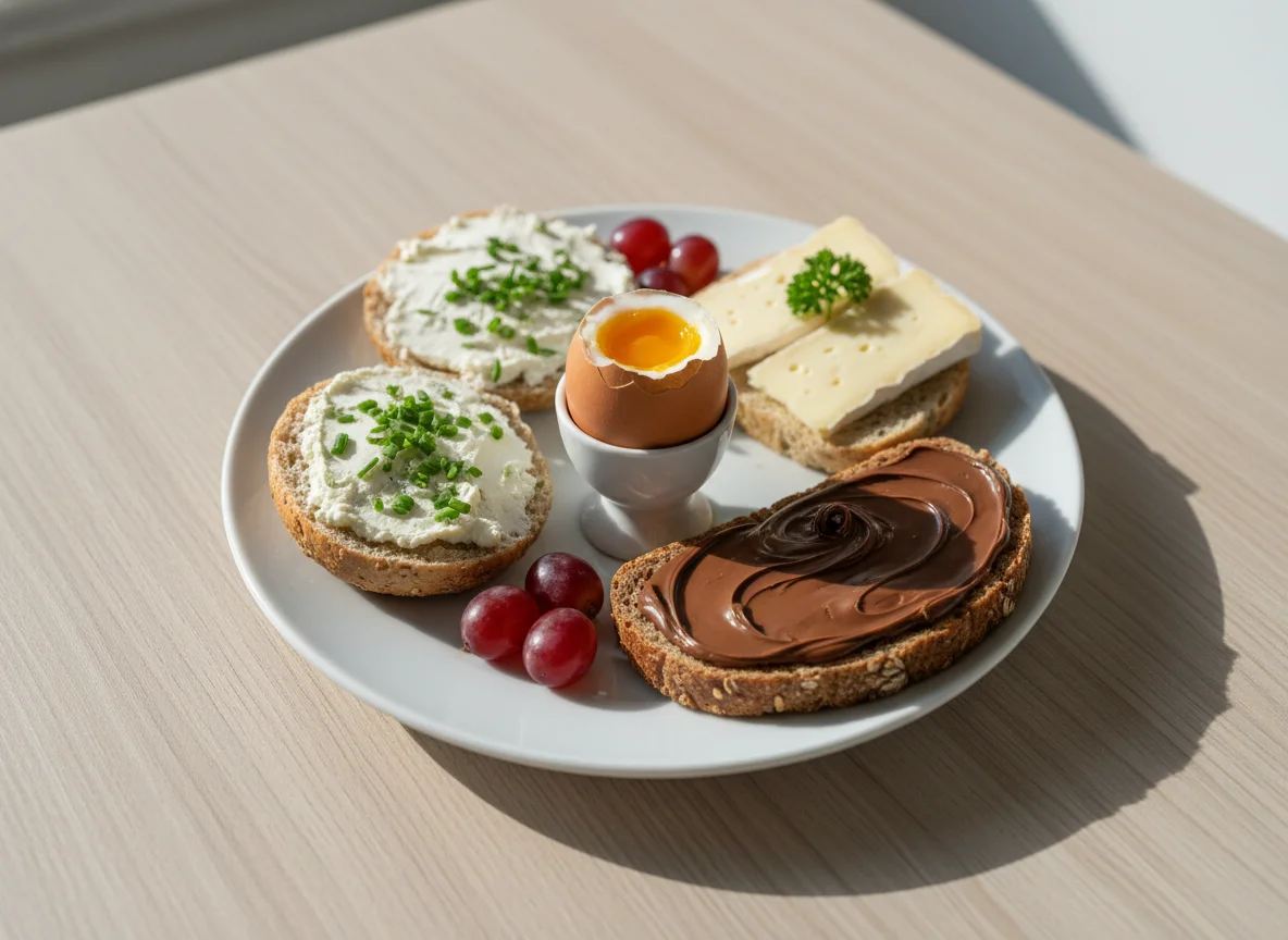 Frühstück mit Ei und belegten Broten photo