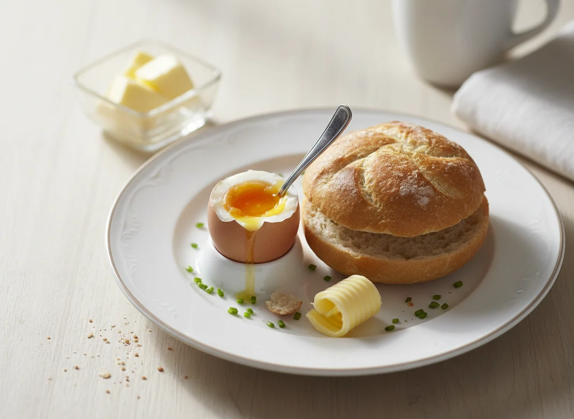 Frühstück mit Ei und Brötchen photo
