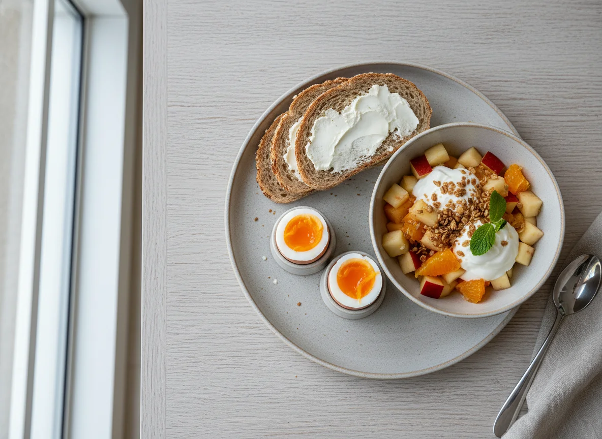 Frühstück mit Eiern, Brot und Obstsalat photo