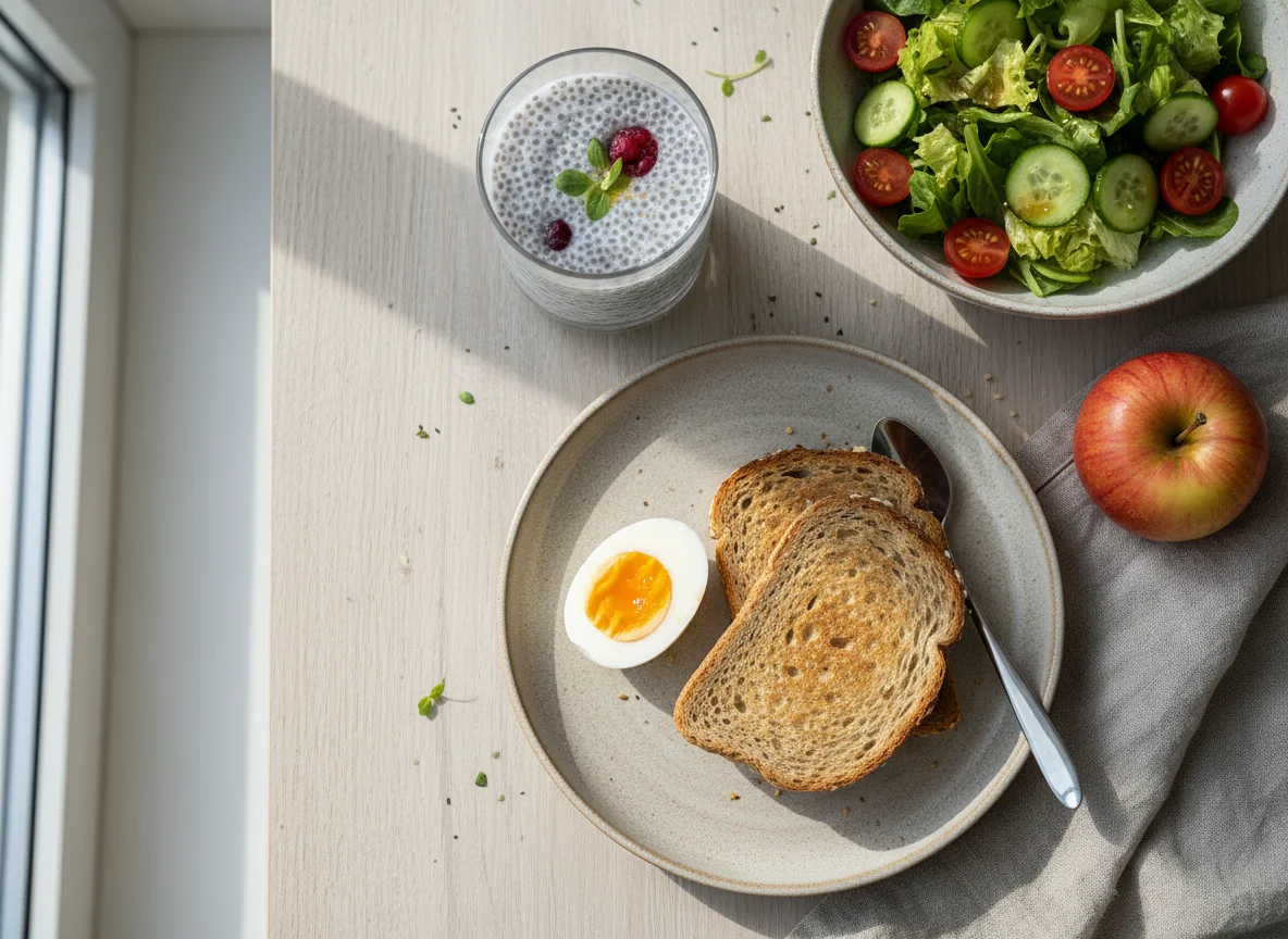 Frühstück mit Eiern, Toast, Apfel, Chiasamen-Getränk und Salat photo