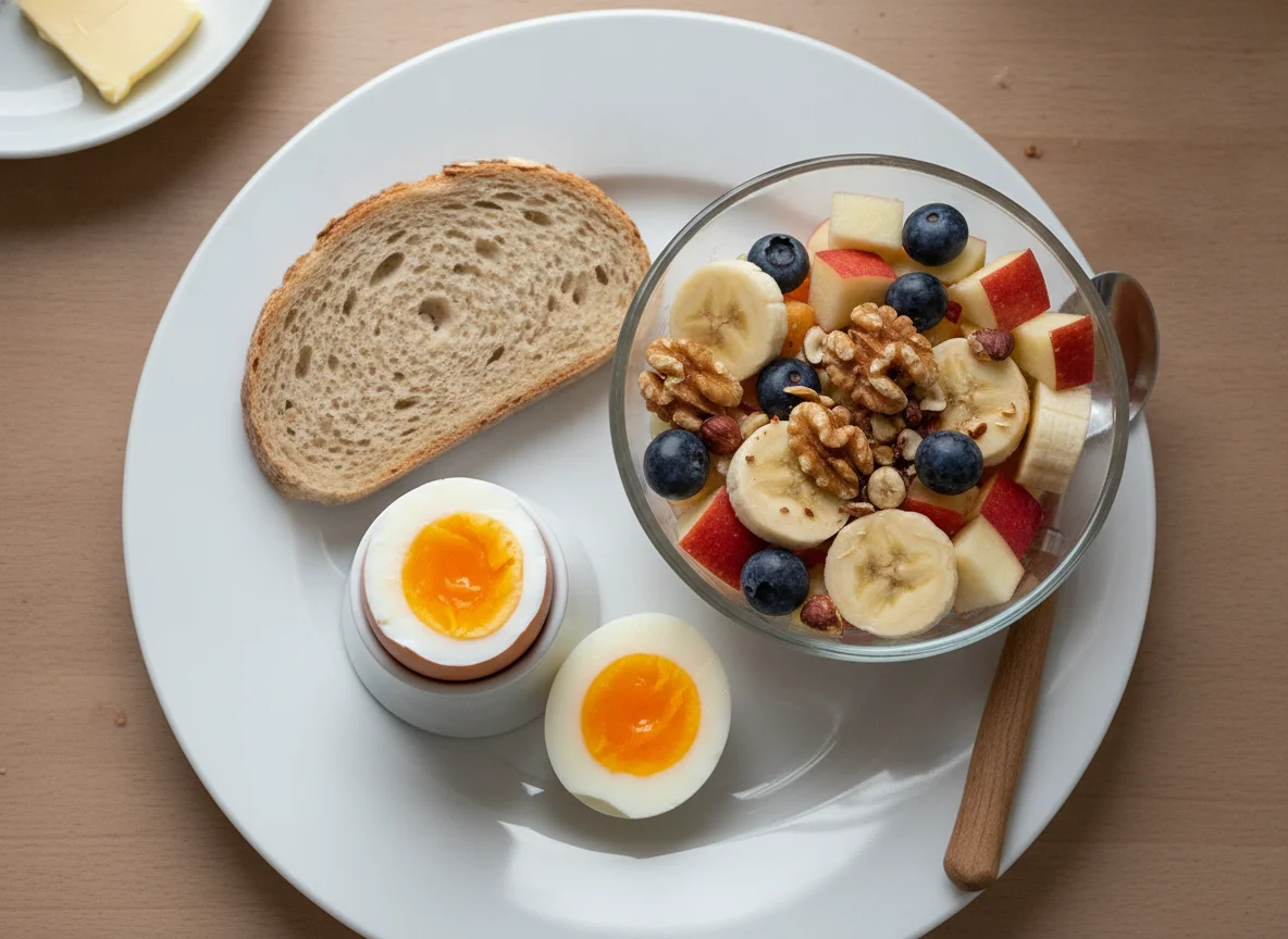 Frühstück mit Eiern und Obstsalat photo