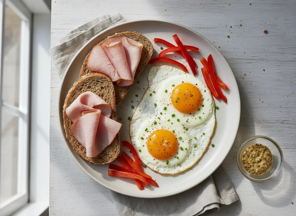 Frühstück mit Eiern und Schinkenbrot photo