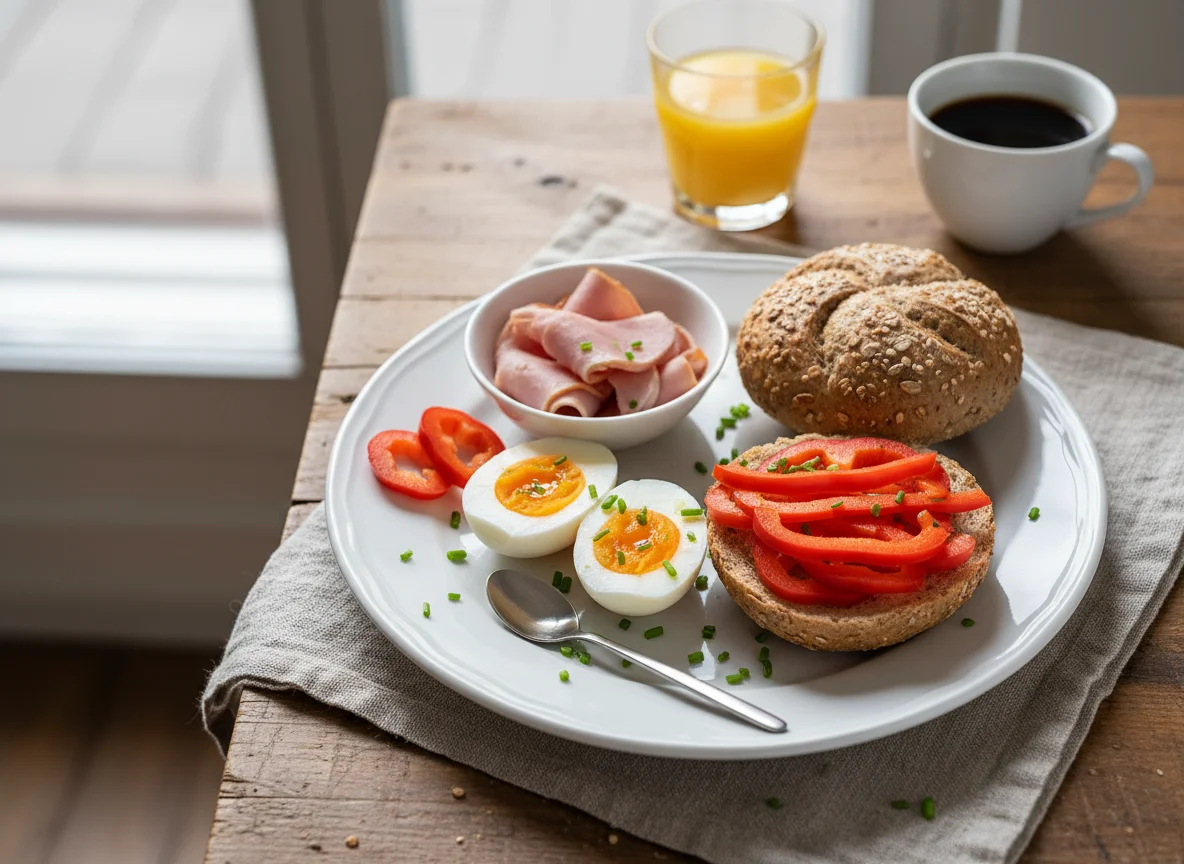 Frühstück mit Eiern und Schinkenbrötchen photo