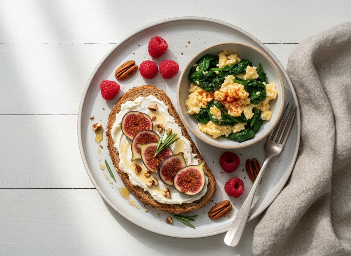 Frühstück mit Feigenbrot, Rührei und Himbeeren photo