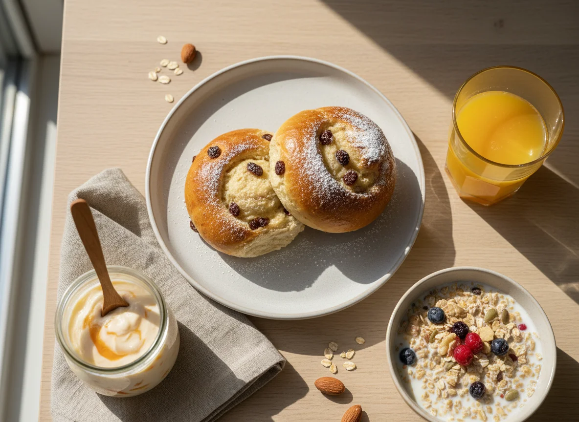 Frühstück mit Gebäck, Müsli, Saft und Joghurt photo