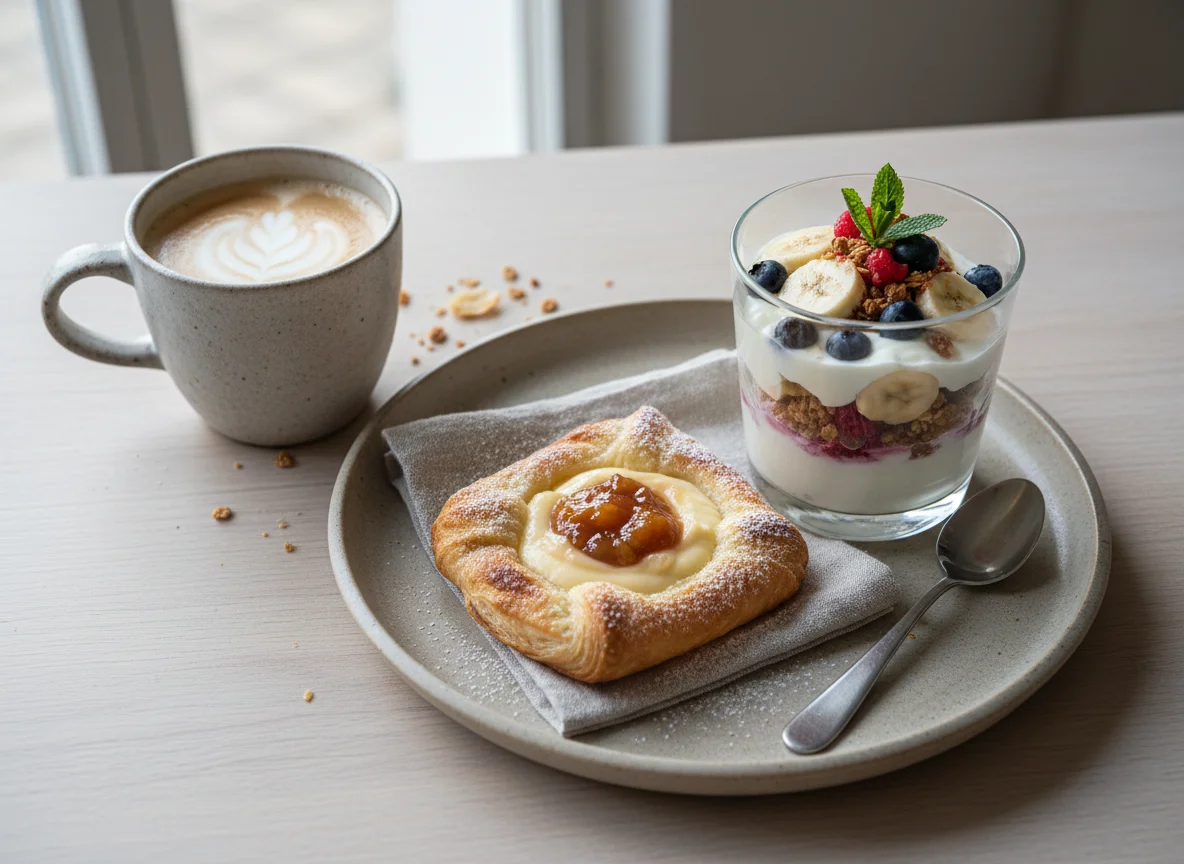 Frühstück mit Gebäck und Joghurt photo