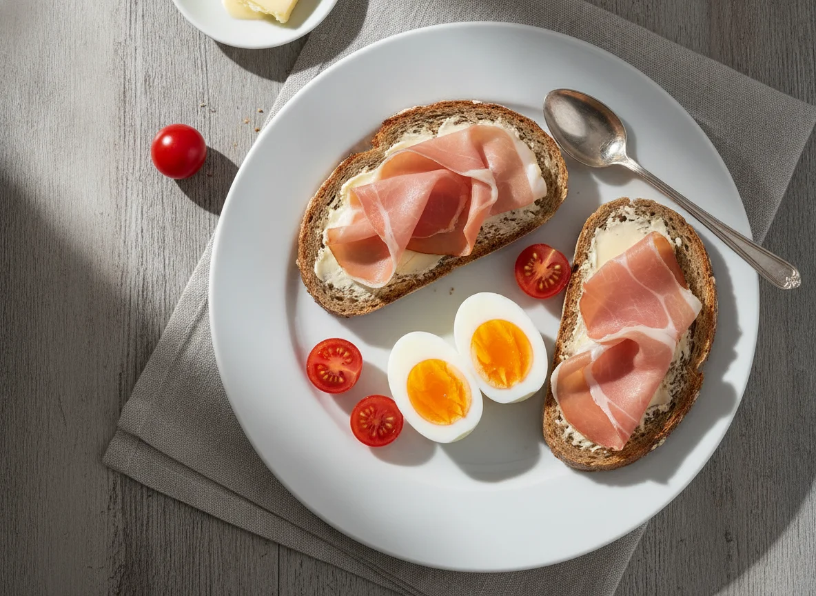 Frühstück mit gekochtem Ei und Schinkenbrot photo