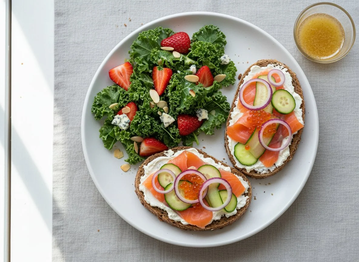 Frühstück mit Grünkohlsalat und Lachs-Brot photo