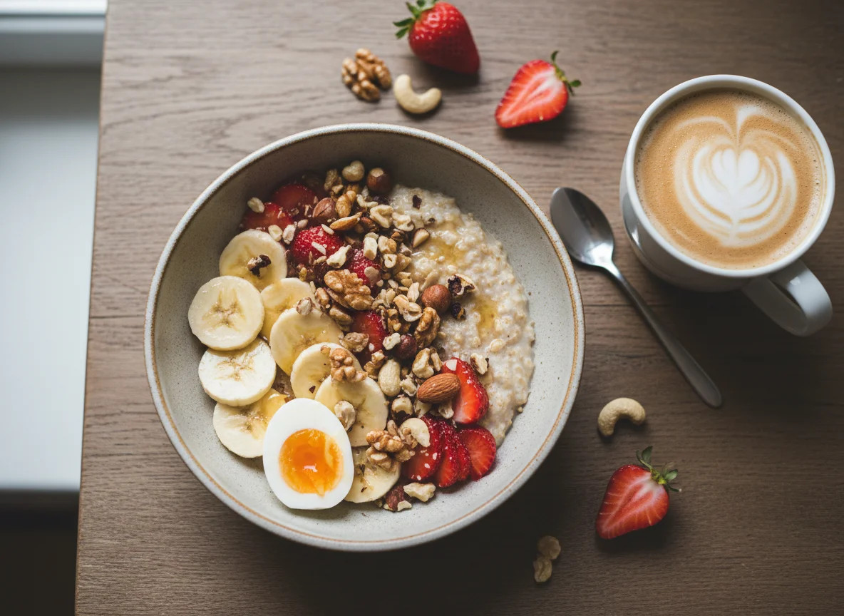 Frühstück mit Haferbrei, Eiern und Nüssen photo