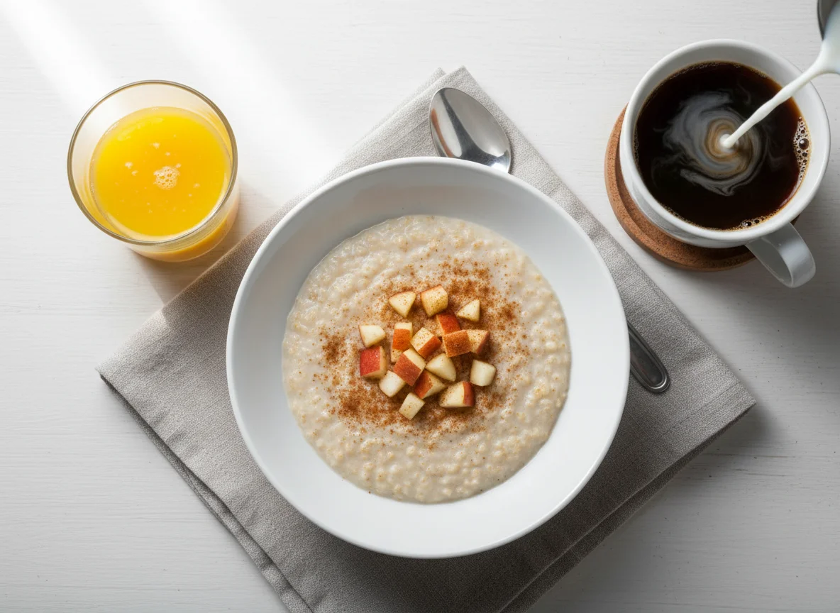 Frühstück mit Haferbrei, Kaffee und Orangensaft photo