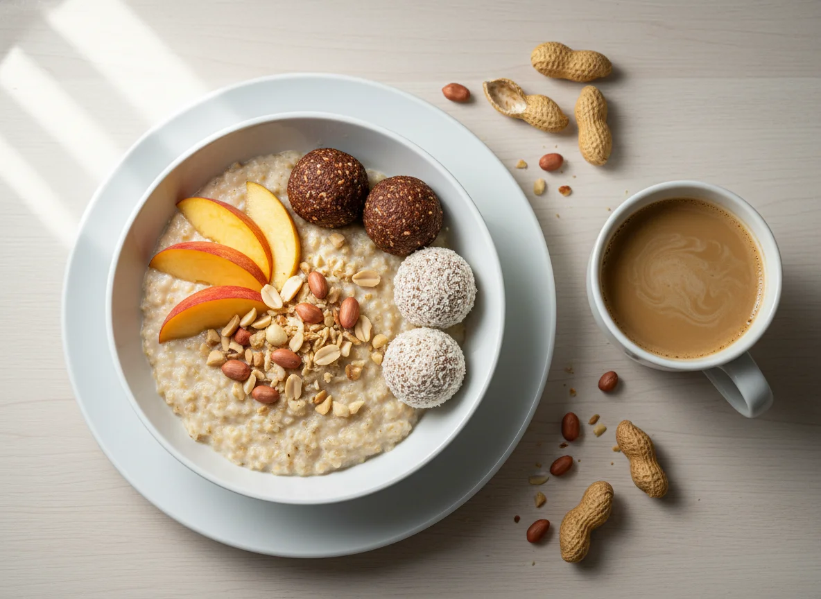 Frühstück mit Haferbrei, Obst, Energy Balls und Kaffee photo
