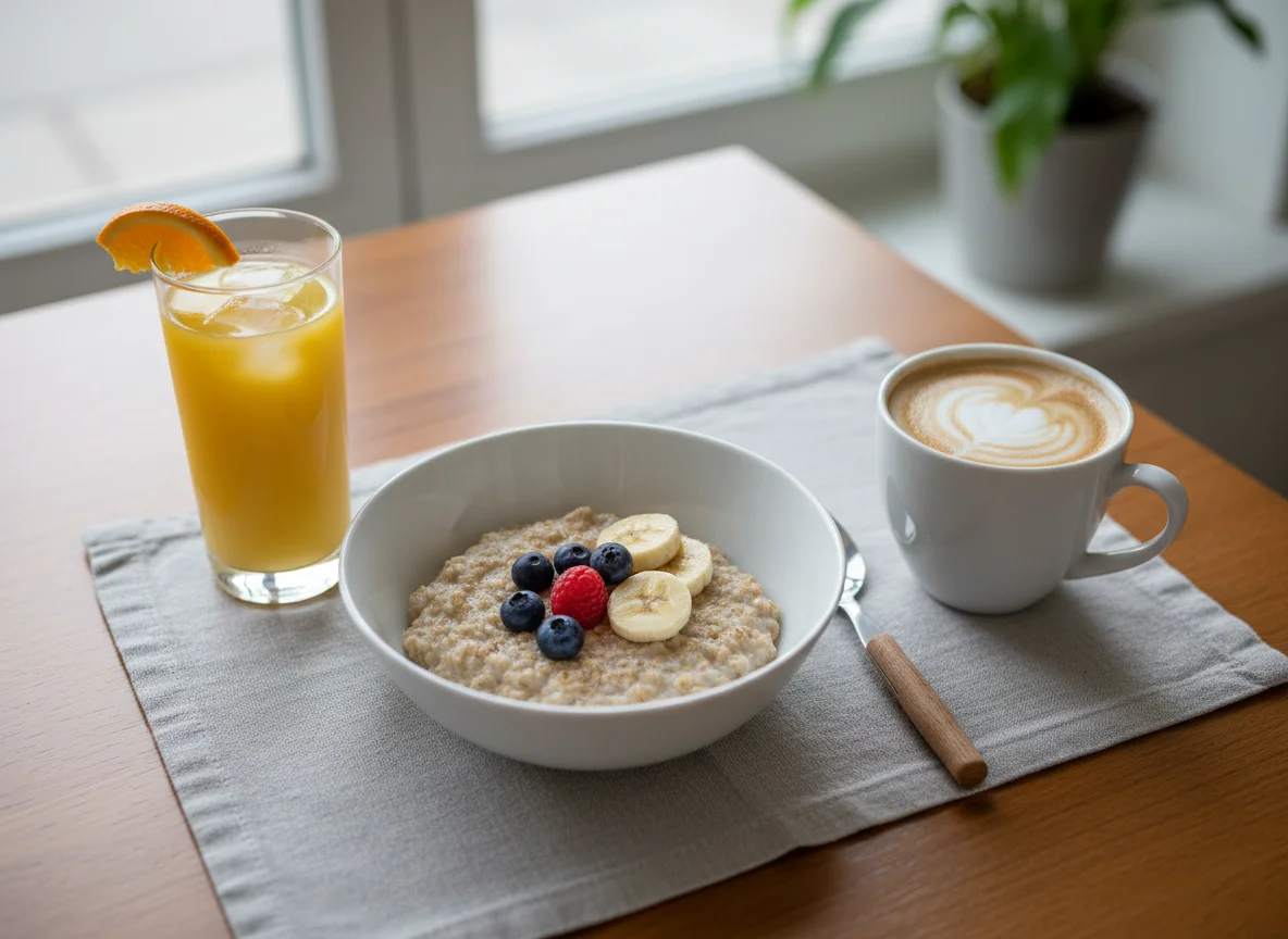 Frühstück mit Haferflocken, Kaffee und Orangensaft photo