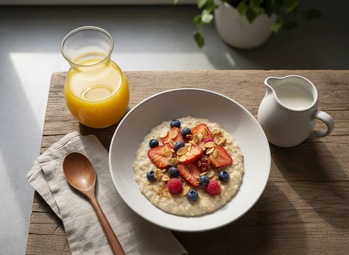 Frühstück mit Haferflocken, Milch und Orangensaft photo