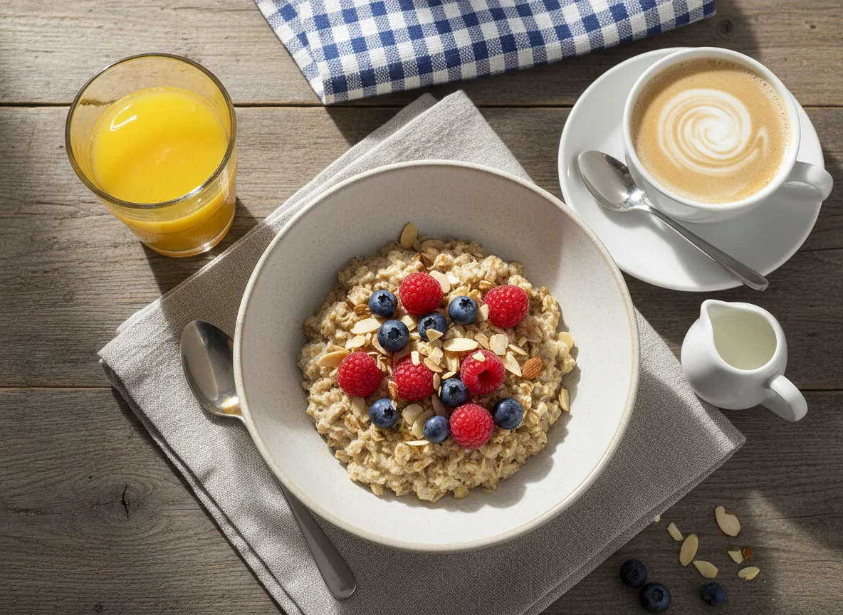 Frühstück mit Haferflocken, Orangensaft und Kaffee photo