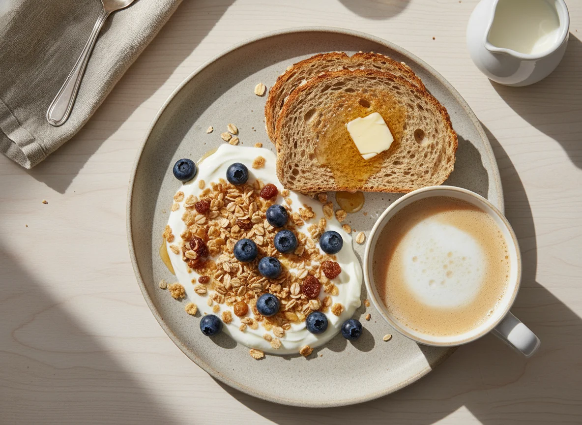 Frühstück mit Joghurt, Beeren, Müsli, Toast und Kaffee photo