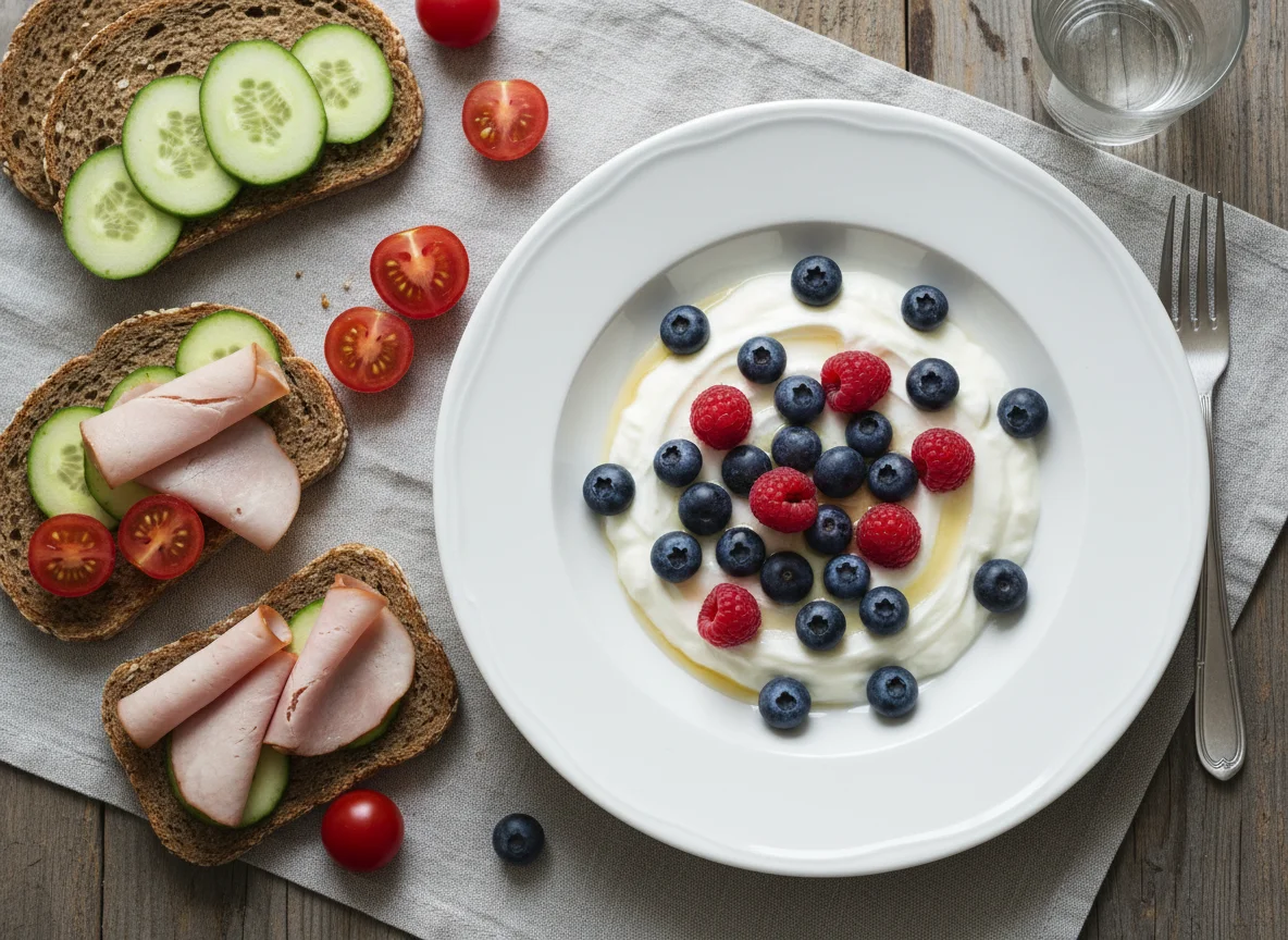 Frühstück mit Joghurt, Brot und Aufschnitt photo