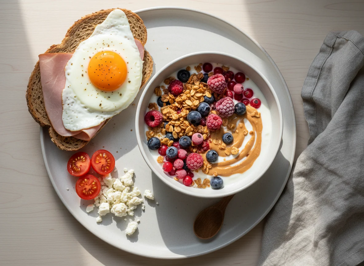 Frühstück mit Joghurt, Brot und Spiegelei photo