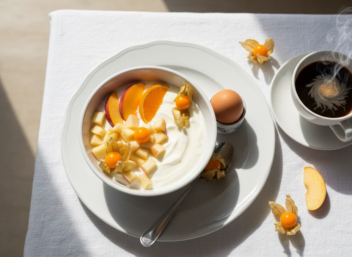 Frühstück mit Joghurt, Ei und Obst photo