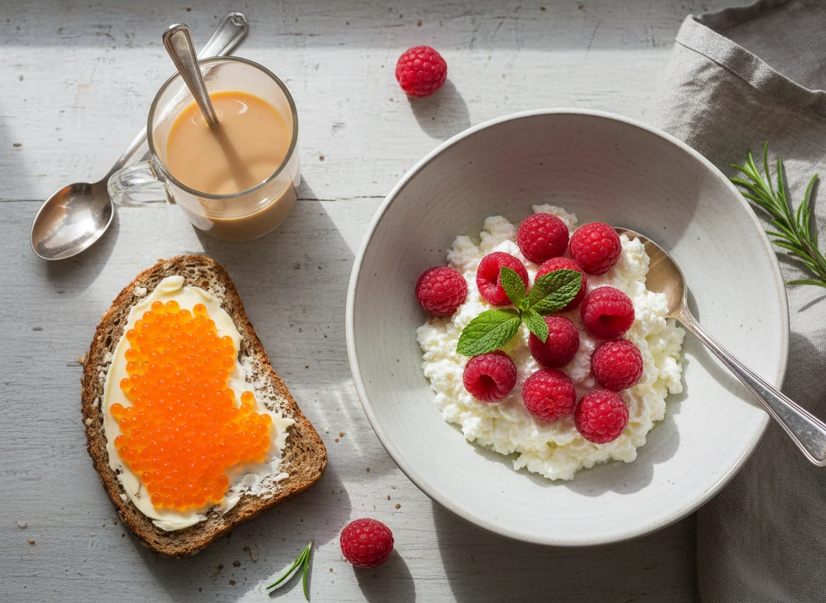 Frühstück mit Joghurt, Himbeeren, Hüttenkäse, Brot mit Kaviar und Kaffee photo