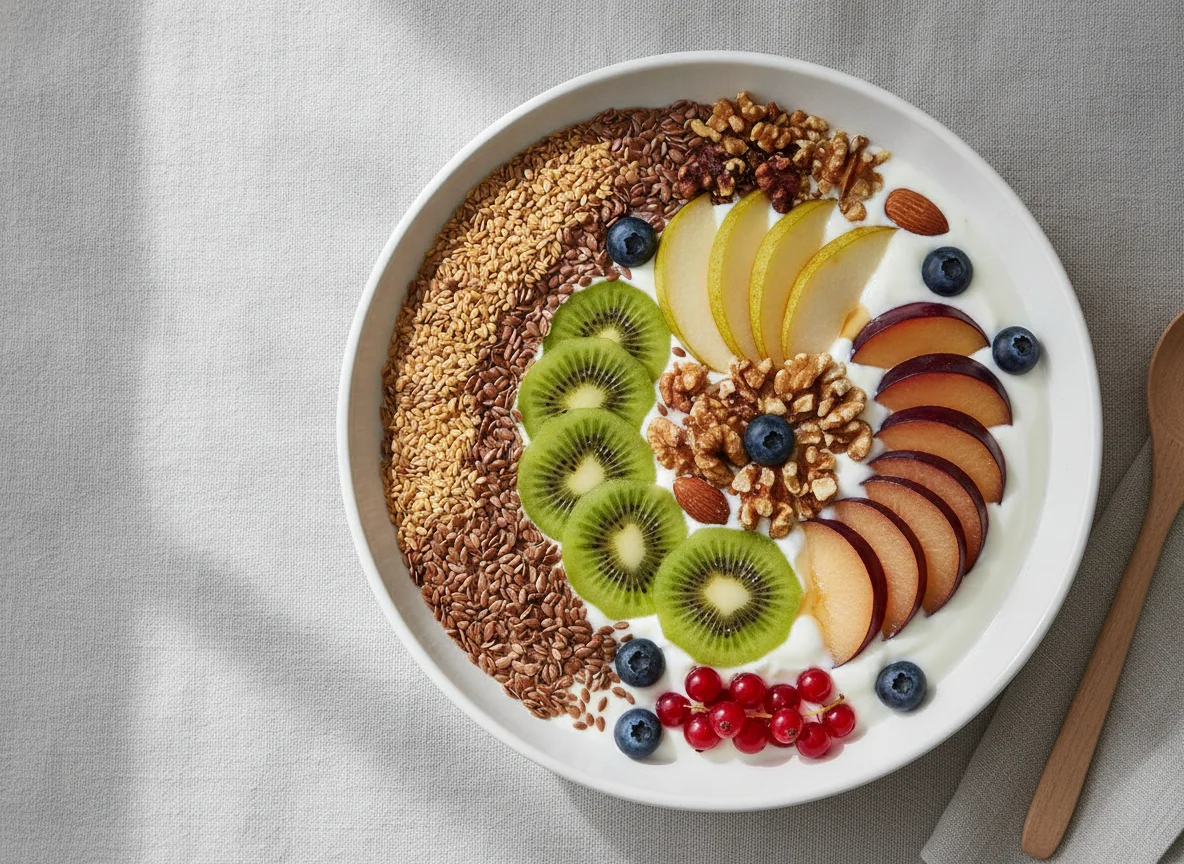 Frühstück mit Joghurt, Leinsamen, Nüssen und Früchten photo