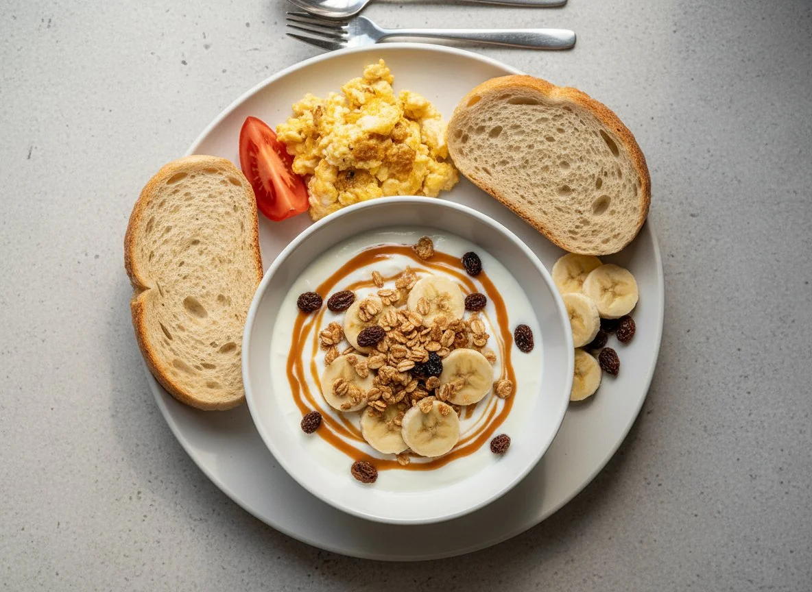 Frühstück mit Joghurt, Müsli, Banane, Rosinen, Brot und Rührei photo