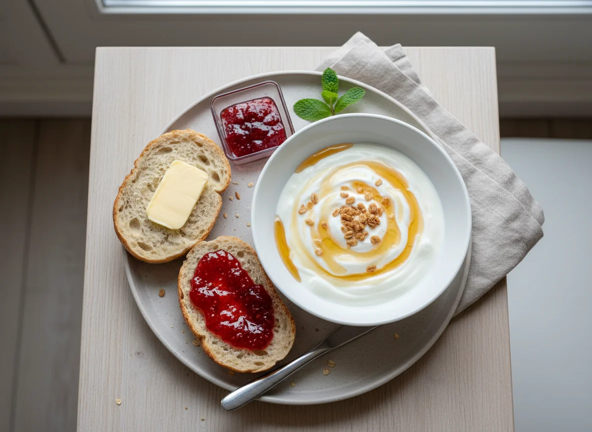 Frühstück mit Joghurt und Brötchen photo