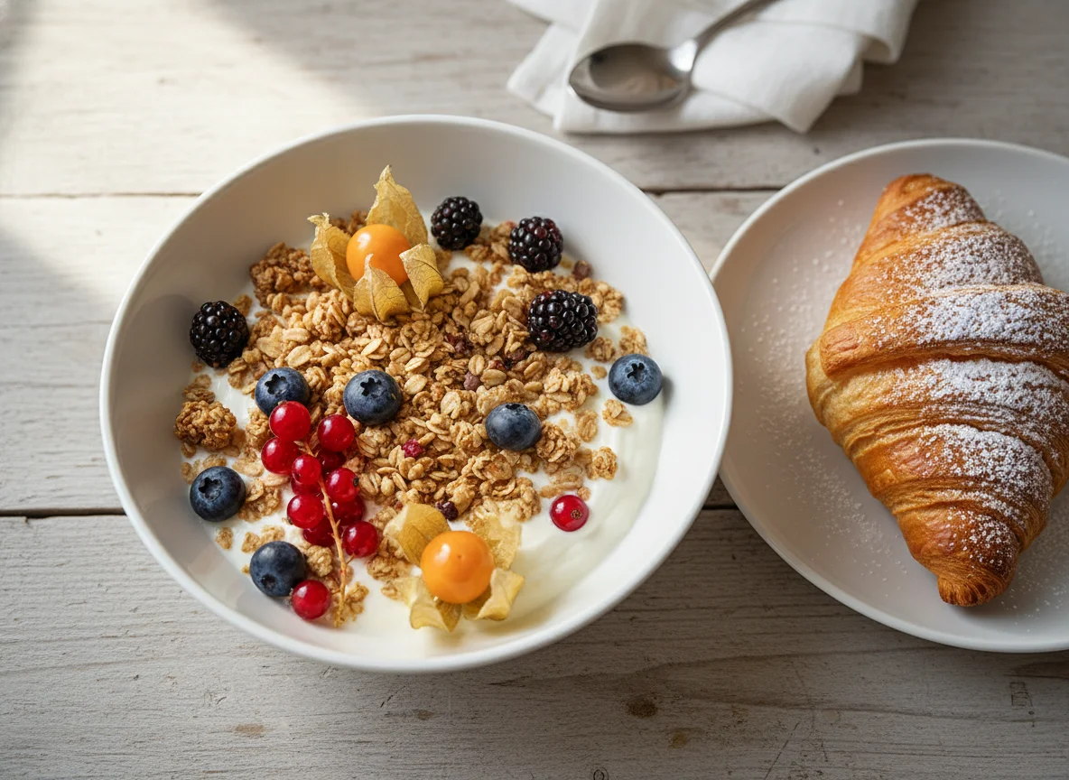 Frühstück mit Joghurt und Croissant photo