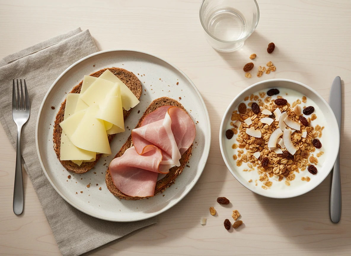 Frühstück mit Joghurt und Schinkenbrot photo