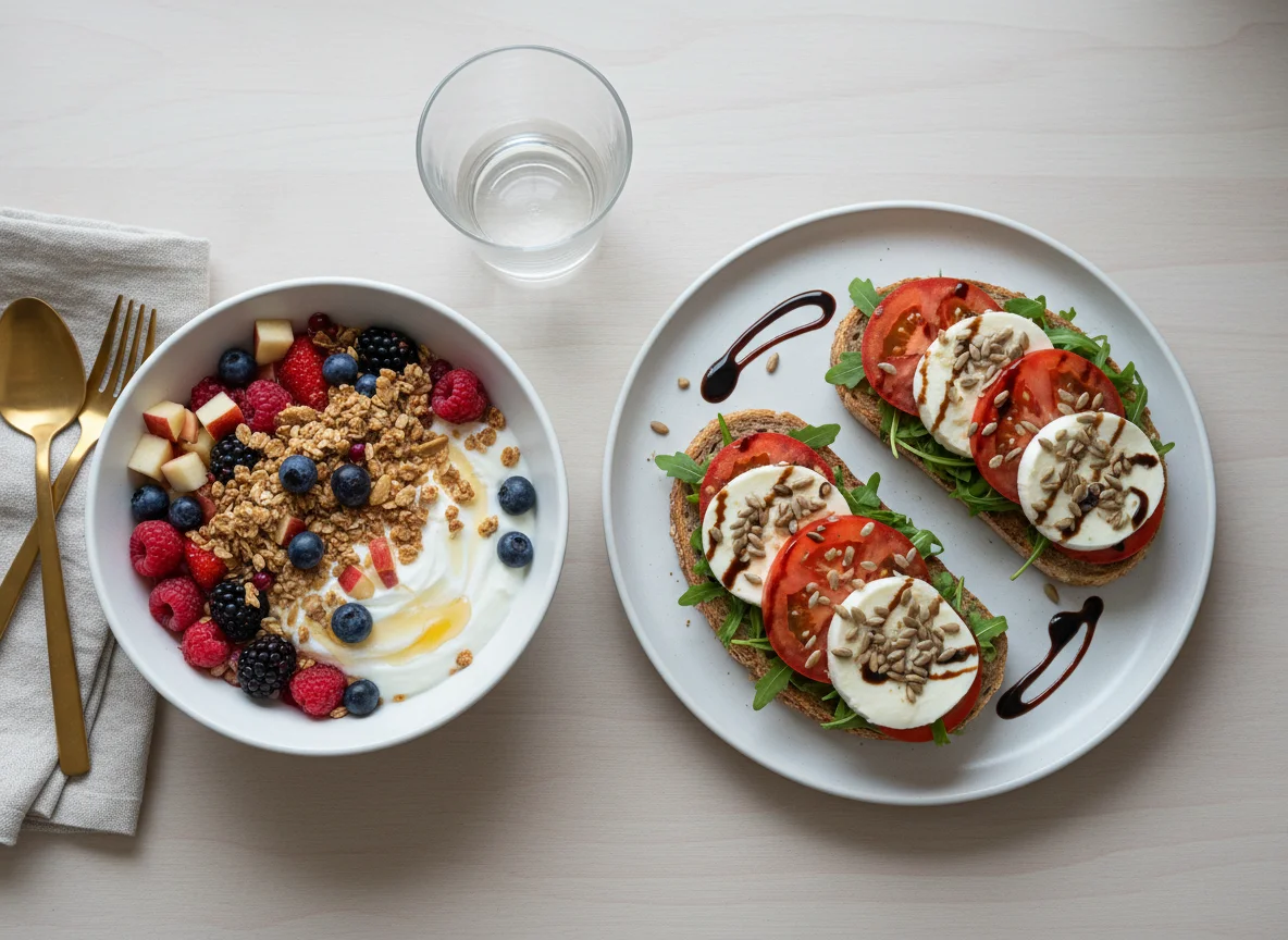Frühstück mit Joghurt-Müsli und Caprese-Brot photo