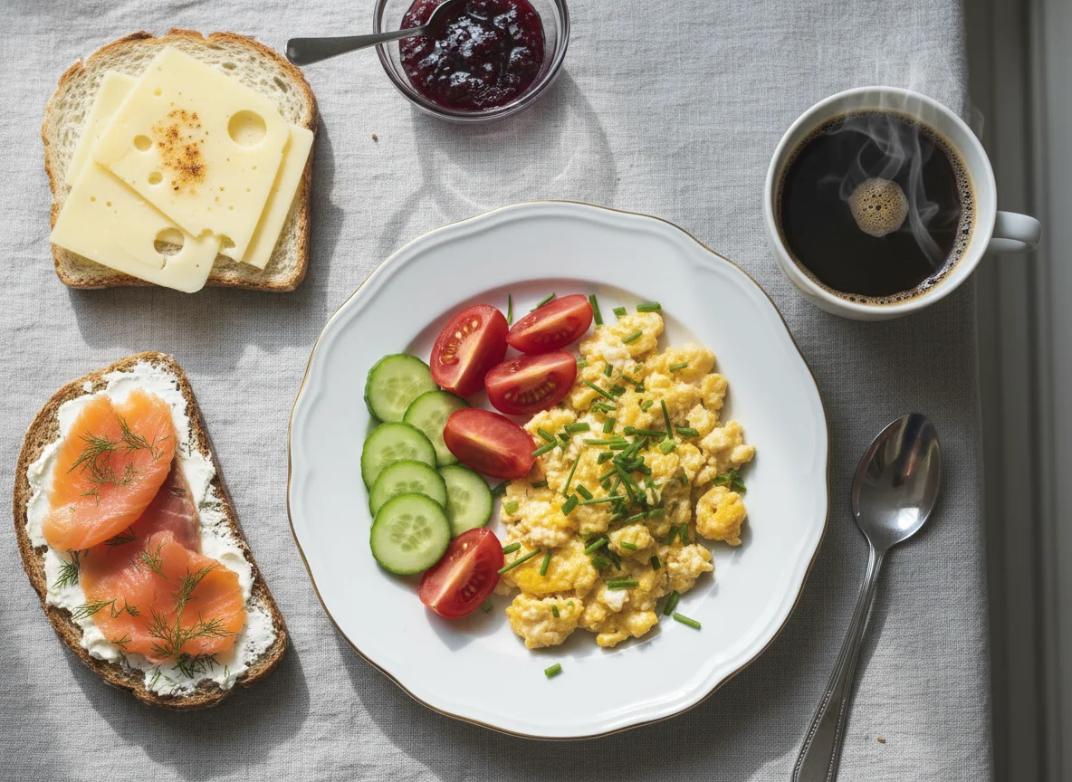 Frühstück mit Kaffee, Tomaten, Rührei und Lachs-Käse-Brot photo