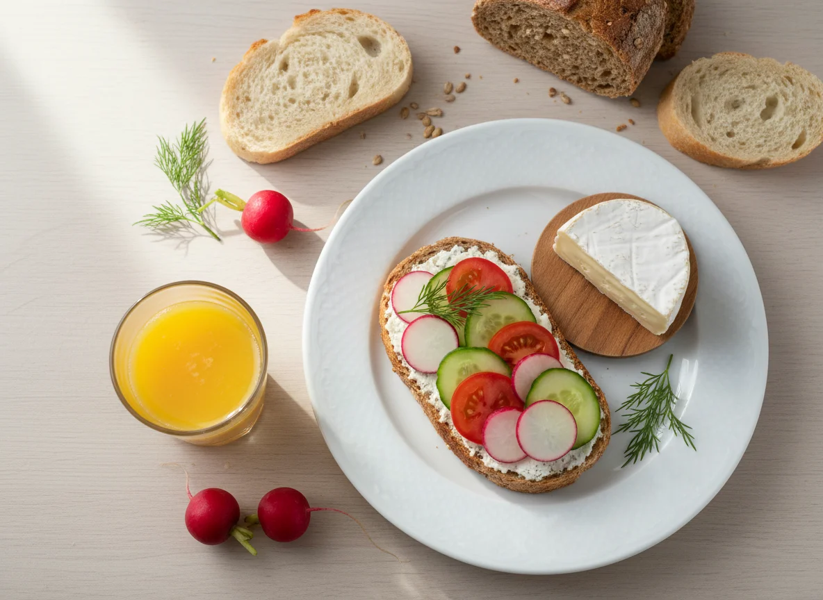 Frühstück mit Käse, Brot und Saft photo