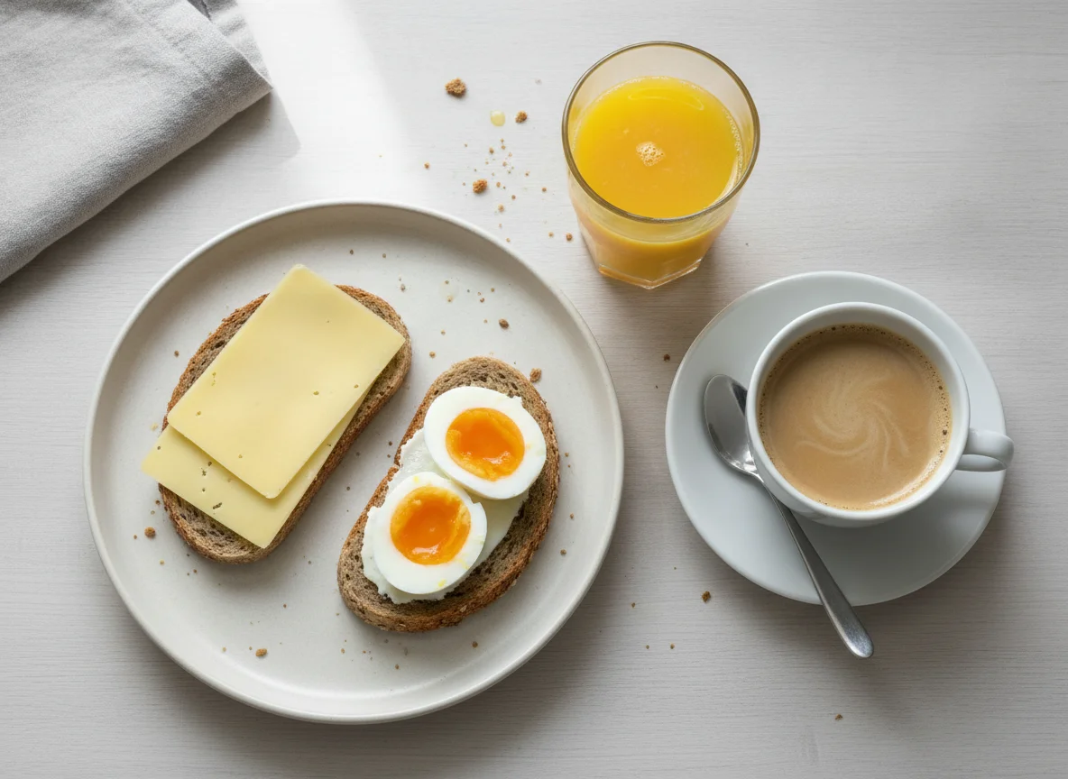 Frühstück mit Käsebrot, Ei, Orangensaft und Kaffee photo