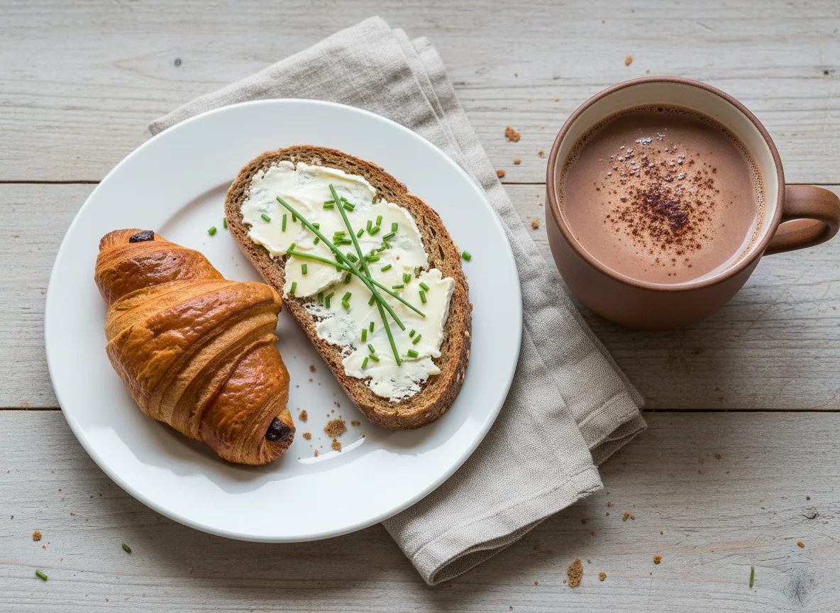 Frühstück mit Käsebrot, Gebäck und Kakao photo