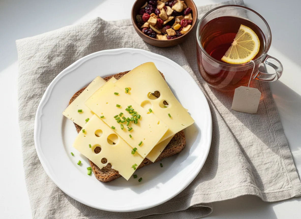 Frühstück mit Käsebrot und Tee photo
