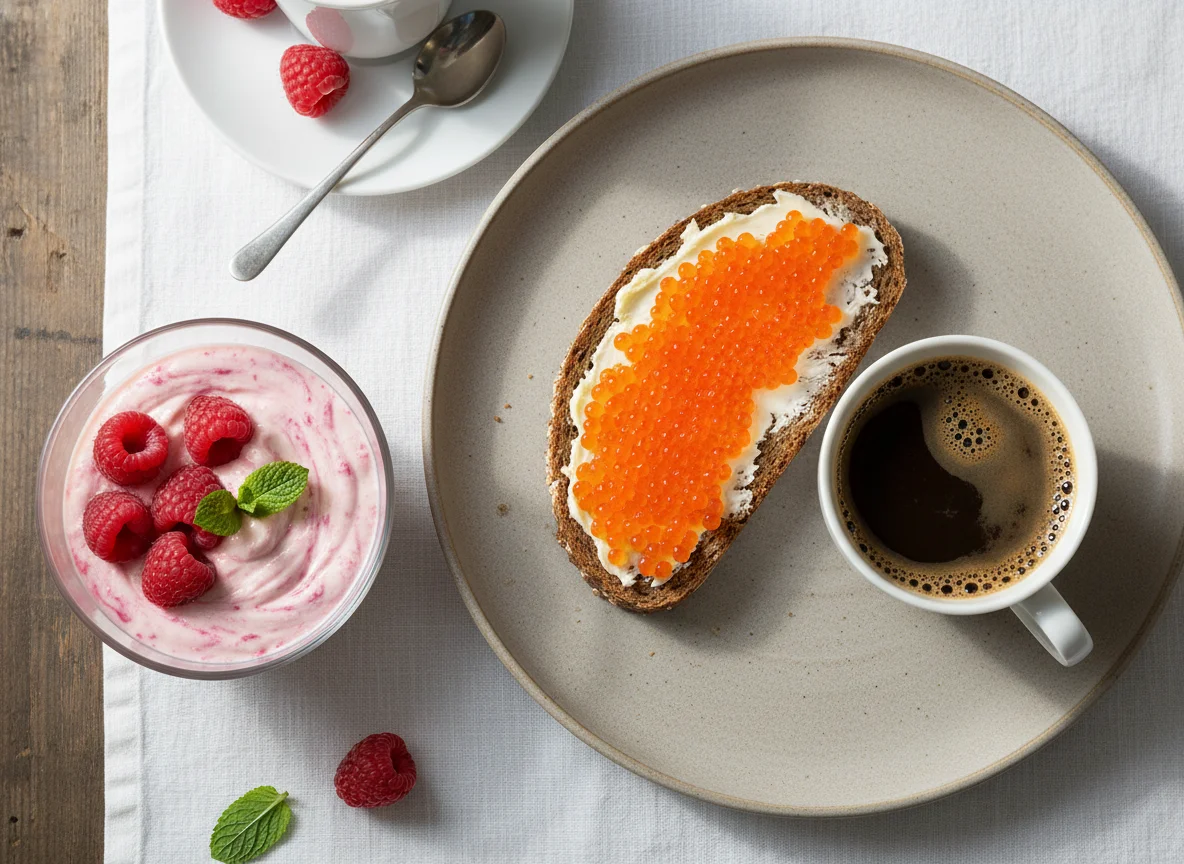 Frühstück mit Kaviarbrot, Himbeerquark und Kaffee photo