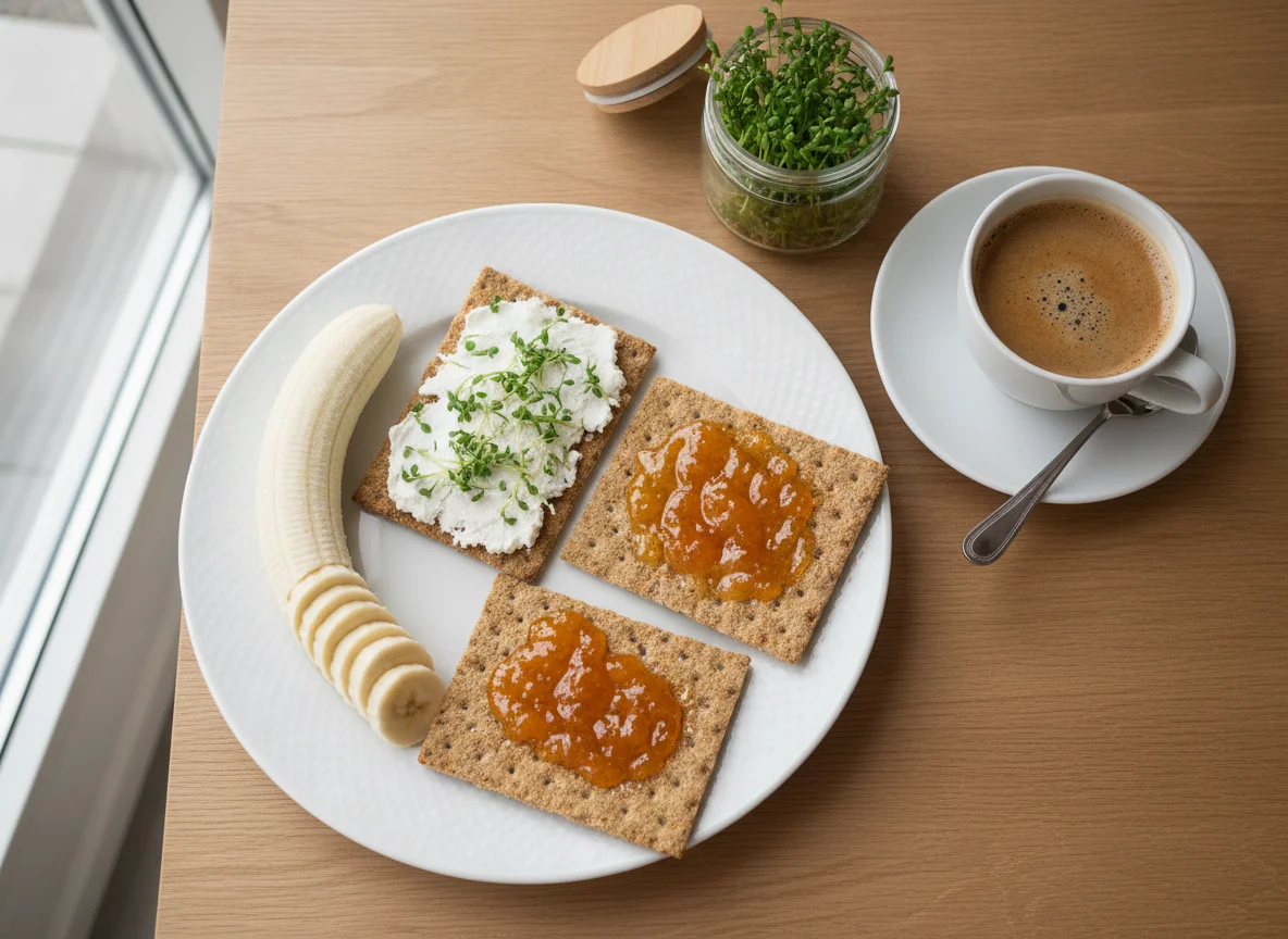 Frühstück mit Knäckebrot, Banane und Kaffee photo