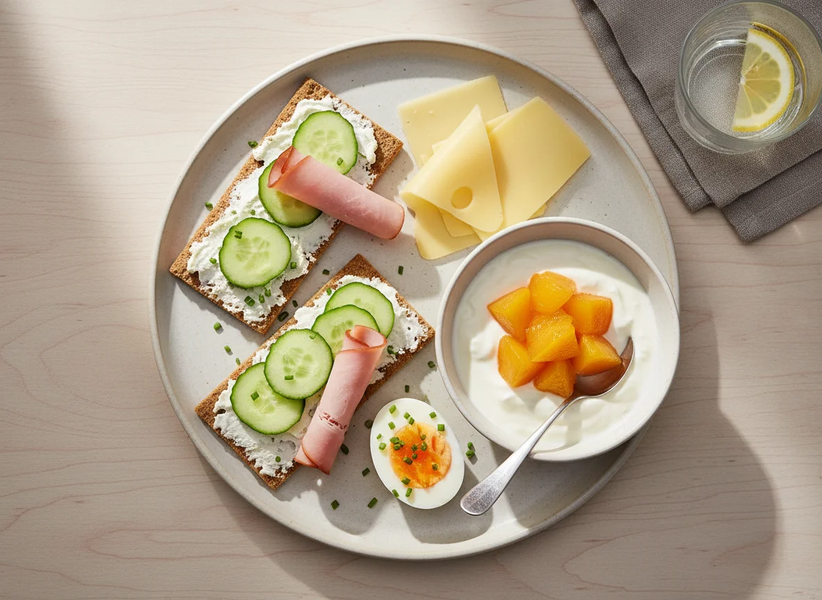 Frühstück mit Knäckebrot, Ei und Joghurt photo