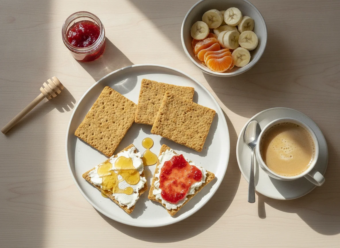 Frühstück mit Knäckebrot, Obst und Kaffee photo