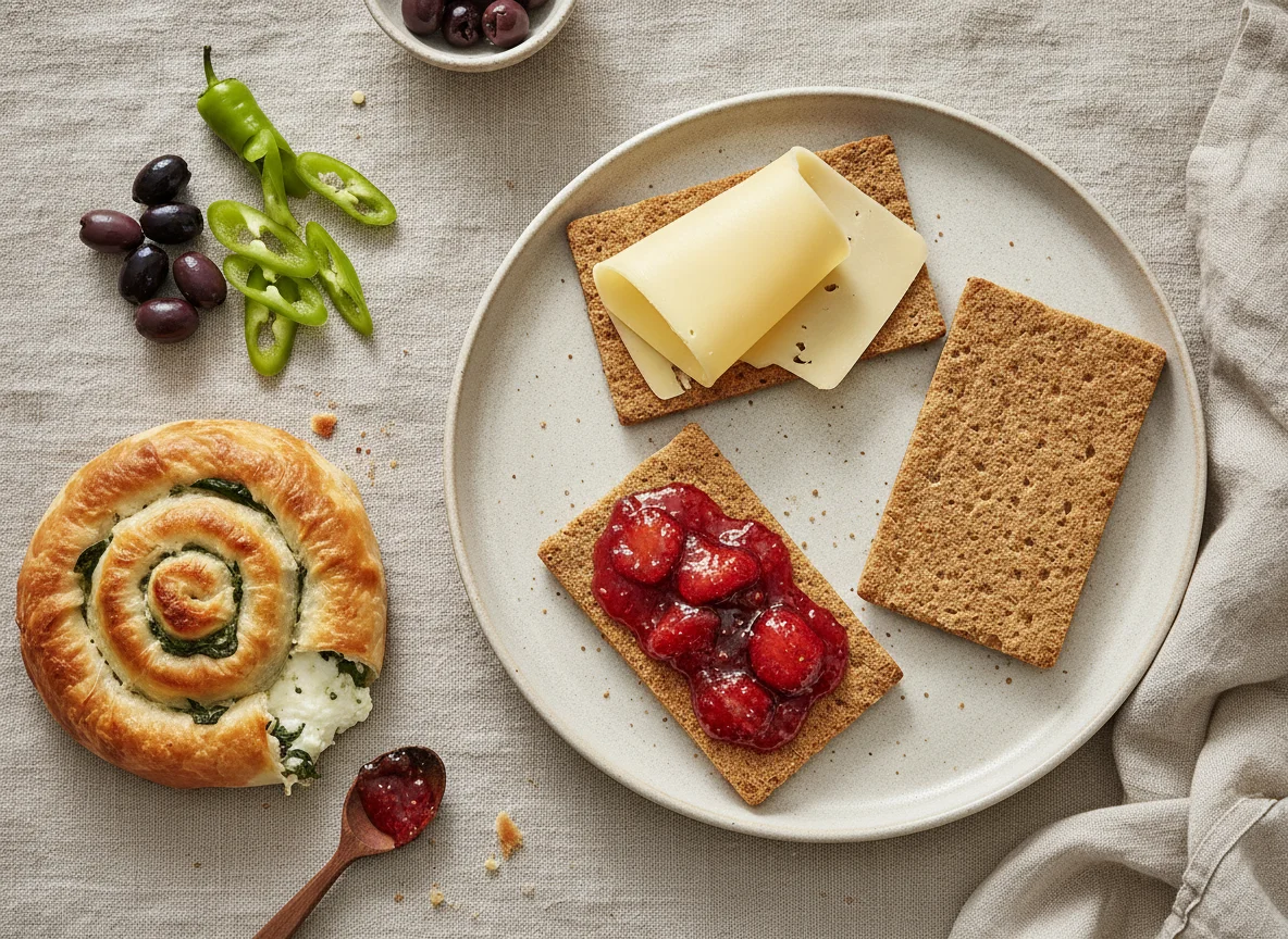 Frühstück mit Knäckebrot, Oliven und Börek photo