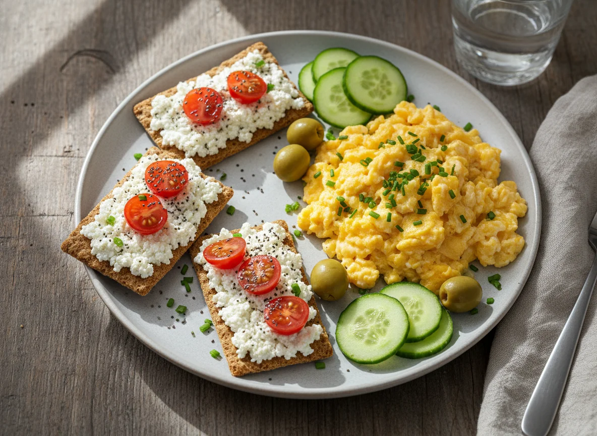 Frühstück mit Knäckebrot, Rührei und Gemüse photo