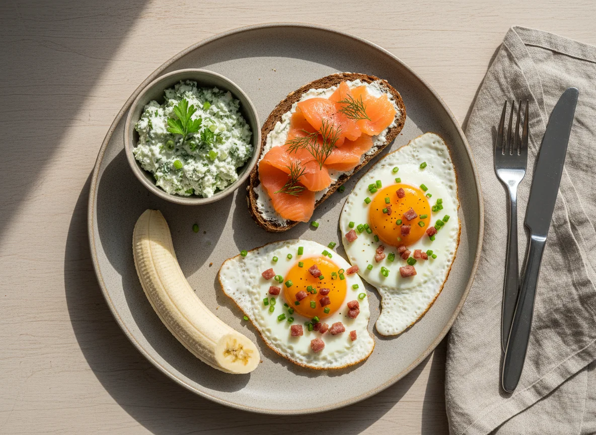 Frühstück mit Lachs, Eiern und Banane photo