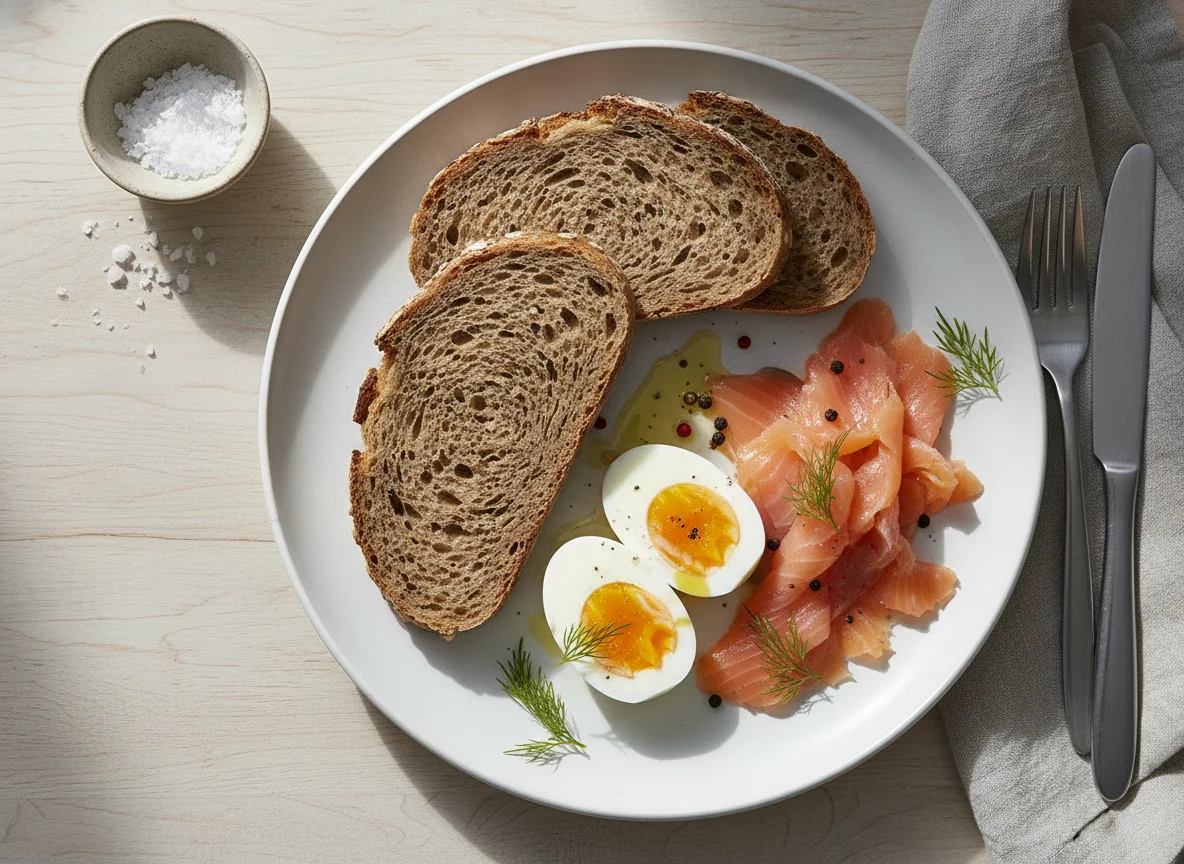 Frühstück mit Lachs, Eiern und Brot photo