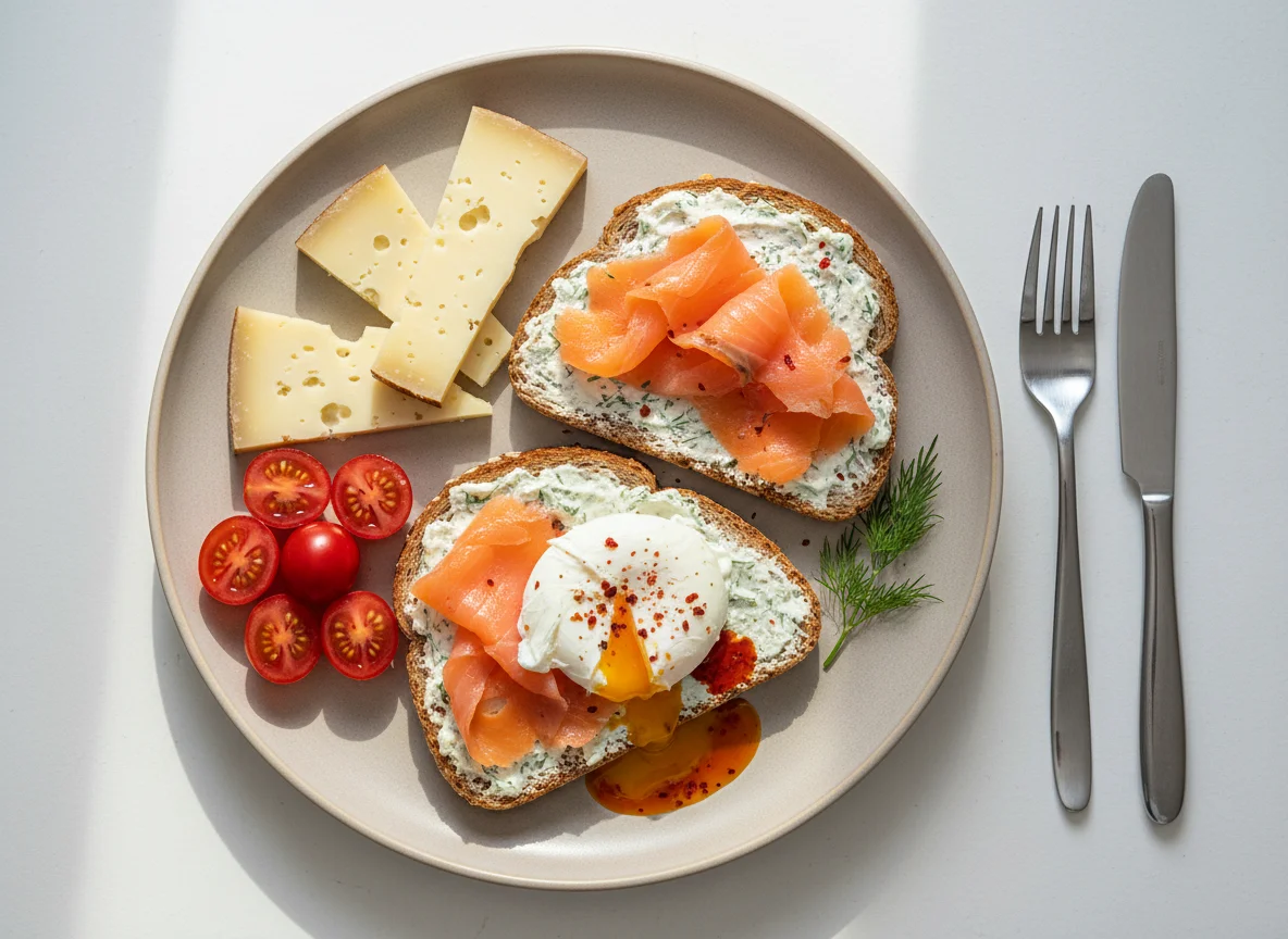 Frühstück mit Lachs, Eiern und Käse photo