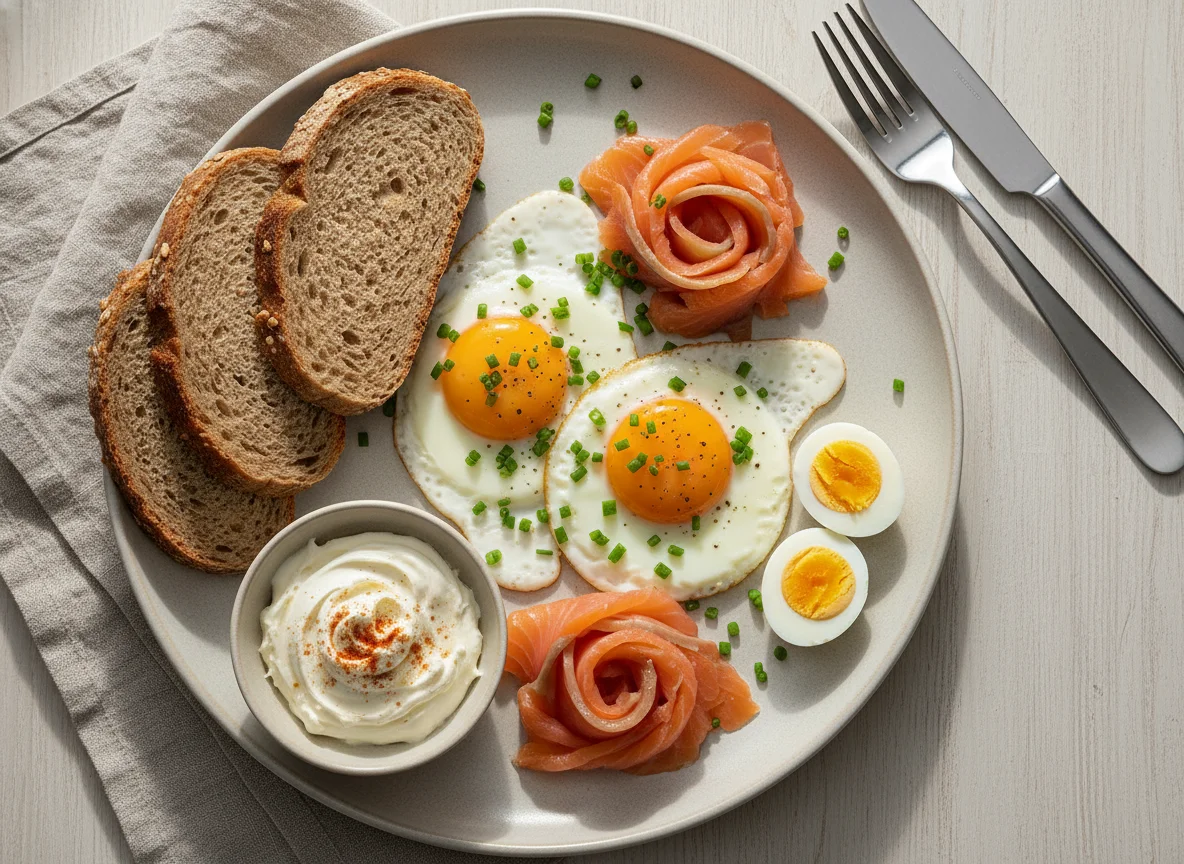 Frühstück mit Lachs und Spiegelei photo