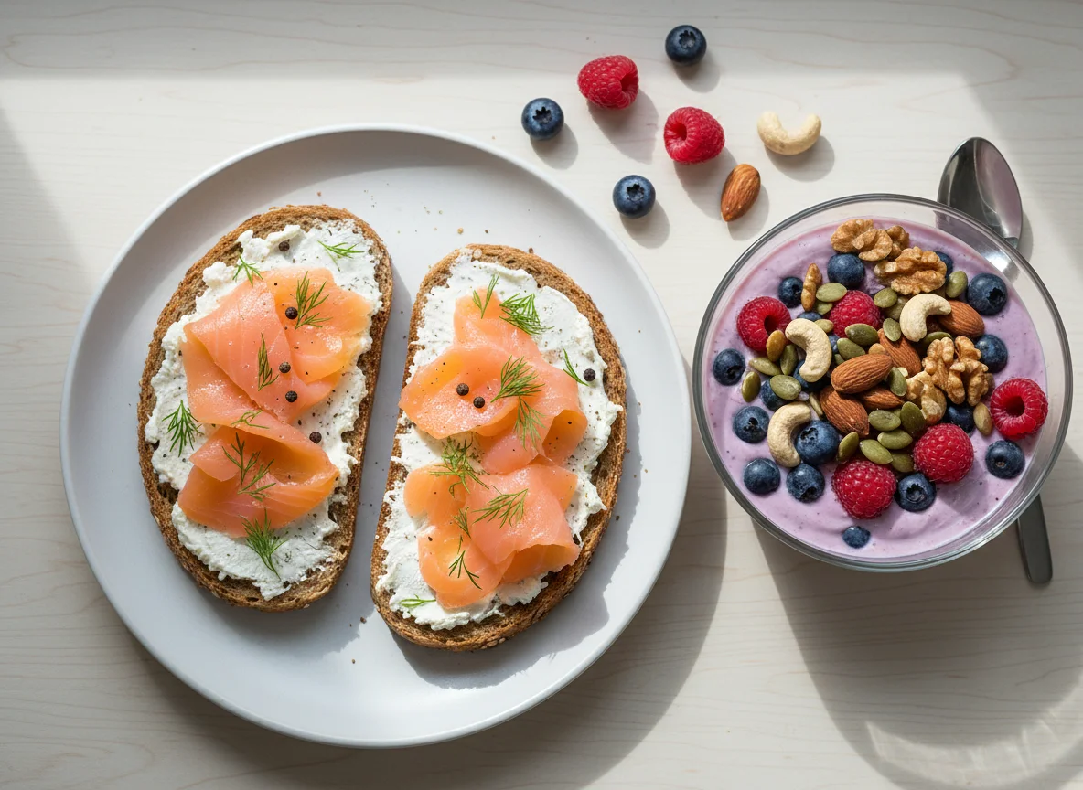 Frühstück mit Lachs-Brot und Joghurt-Beeren-Bowl photo