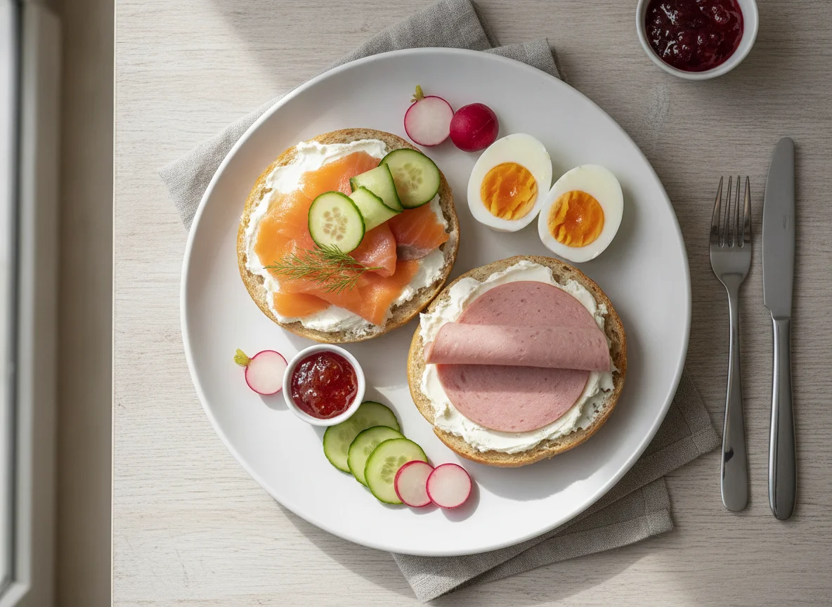 Frühstück mit Lachsbrötchen und Ei photo