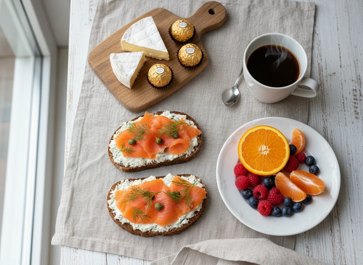 Frühstück mit Lachsbroten, Käse, Obst und Kaffee photo