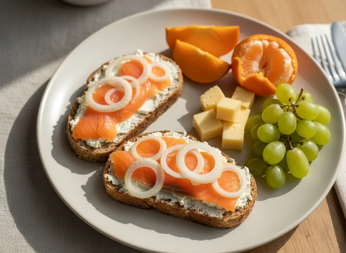 Frühstück mit Lachsbroten, Käse und Obst photo
