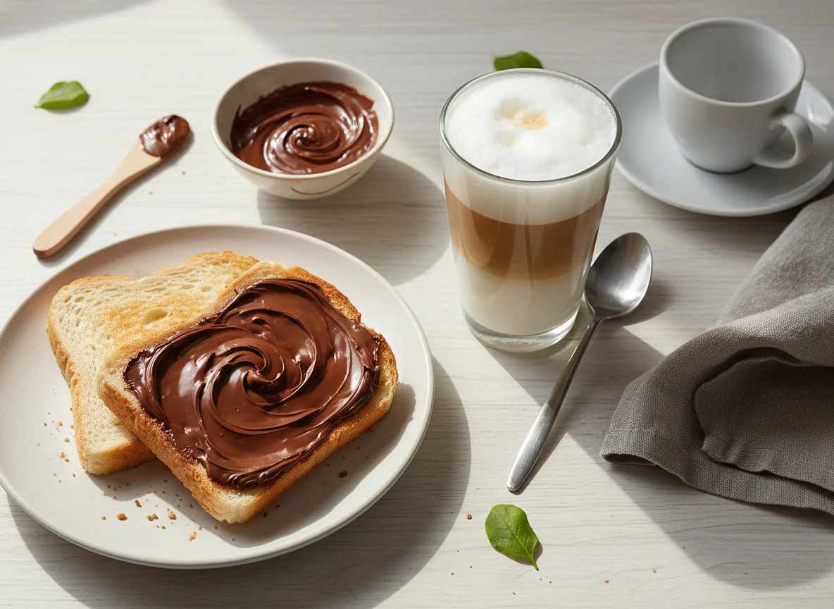 Frühstück mit Latte Macchiato und Schokobrot photo