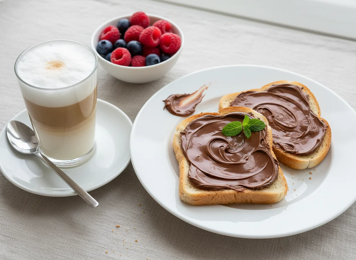 Frühstück mit Latte Macchiato und Toast mit Schokoaufstrich photo